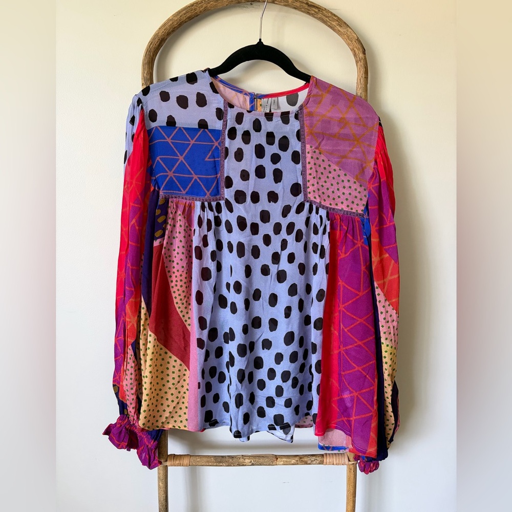 Bohemian Chic Colorful  Long-Sleeve Blouse - Purple, Pink and Blue